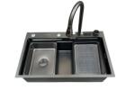 Hausberg Set chiuveta multifunctionala bucatarie, baterie si accesorii, model negru/ gri antracit, baterii tip cascada, display digital, dimensiune 75 x 46 cm (HBC-9950NG) Chiuveta