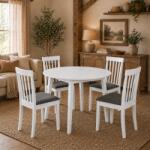 Malaezia Set masa living plianta Philadelphia, MDF, lemn masiv, rotunda, 55 90 x 90 x 74, 8 cm si 4 scaune Houston, stofa, 100 kg, 94x49x40 cm, alb gri (S4262,4184x4)