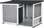 PawHut Căsuță pentru câini din lemn masiv, cu 2 boluri, verandă, rezistent la intemperii, 103 cm x 62 cm x 66 cm, Gri + Alb | Aosom Romania (D02-144V00GY)