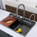 FOXMAG24 Chiuveta multifunctionala pentru bucatarie, din metal, afisaj LCD pentru temperatura apei, doua functii cascada, dimensiune 75x46 cm, baterie floxibila, gri antracit