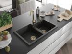 Mexen Tomas konyhai mosogató gránit 2 medence+ pop up szifon 800 x 500 mm, fekete / arany, szifon arany - 6516802000-75-G 2 medencés (5905315012364)