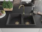 Mexen Tomas konyhai mosogató gránit 2 medence+ pop up szifon 800 x 500 mm, fekete köhatasu, szifon arany - 6516802000-76-G 2 medencés (5905315012371)
