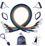 RYHER Set extensor benzi tubulare elastice, Ryher Sports, Rezistenta maxima combinata 45 kg, 11 buc, 5x126 cm, Latex, Multicolor, include saculet de transport + manual cu exercitii, Streching (RYHE-000002)