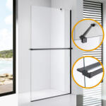 STUXI Milano Easy Plus Black Walk-in zuhanyfal, 100x200 cm, 8 mm vastag vízlepergető üveggel, helytakarékos stabilizátorral, polccal, törölközőtartóval (TL-6615B-100-TL-6615BC-2-TL-6615BC-5-TL-6615BC-6)