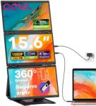  Hordozható és bővíthető tripla monitor laptophoz, QOVA®, 3×15, 6 hüvelykes négyképernyős képernyő, 3 Full HD IPS képernyő, 1080P, 360°-ban forgatható állvány és integrált ház, Windows és macOS