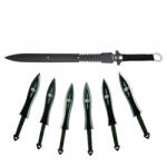 DEPOX Set sabie de vanatoare Last Ronin si sase cutite de aruncat, otel inoxidabil, negru (0691)