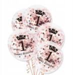PartyPal Happy Birthday 1 Éves konfetti lufi rózsaszín arany születésnapra 30cm 1db