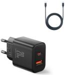 JOYROOM Променливотоково зарядно устройство USB+Type-C гнездо 20W, PD бързо зарядно устройство + Type-C кабел, ЧЕРНО JR-TCF05_B_TYPE-C (JR-TCF05_B_TYPE-C)