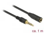 Delock Удължителен кабел за стерео жак 3.5 mm 4-пинов мъжки към женски 1 m дълъг черен