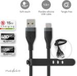 Nedis CCGB60800BK15 гъвкав кабел USB A - USB C (USB-C), USB2.0, 15W, дължина 1, 5 м, черен гъвкав силикон (CCGB60800BK15)