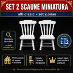 Hobbyplanet Set 2 scaune albe miniaturale cu spatar decorativ, din lemn, pentru casute de papusi si diorame (V23723w)