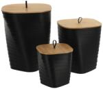 MoftX Set 3 Coșuri Gunoi Plastic Capac Bambus Striatii - Negru | Coșuri De Gunoi Baie Set (6554103) Cos de gunoi