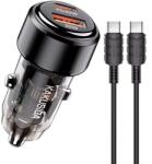 KAKUSIGA Incarcator Auto Fast Charge Kakusiga KSC-1176 60W PD Dual USB Port cu cablu USB-C - USB-C, Negru (Clc-Acc-1017)