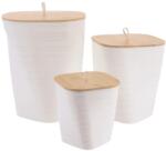 MoftX Set 3 Coșuri Gunoi Plastic Capac Bambus Striatii - Alb | Coșuri De Gunoi Baie Set (6554100) Cos de gunoi