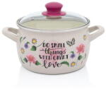 Metalac Oala cu capac din sticla Spring Metalac, email, 18cm 3.1l, Crem cu motive forale (380506)