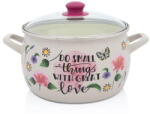 Metalac Oala cu capac din sticla Spring Metalac, email, 24cm 7.5l, Crem cu motive forale (380510)