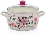 Metalac Oala cu capac din sticla Spring Metalac, email, 22cm, 5.4l, Crem cu motive florale (380509)