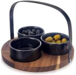 Orion Tálkészlet tálcával, Orion, fekete, kerámia és akácfa, 3 tál, Űrtartalom 130 ml, Kerek tálca fogantyúkkal, Snackek és szószok tálalásához (129231)