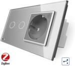 LIVOLO Intrerupator dublu cap scara / cap cruce, ZigBee + priza simpla Livolo ZigBee, rama din sticla, Control de pe telefon SmartElectro IntelligentHouse (VL-C702SZ/C7-C1EUZ-15)