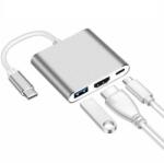Techstar Adaptor multifunctional 3 in 1 USB-C la HDMI Techstar® ZFZ3IN1, HDMI 4K, 1 x USB 3.0, PD Port, Compatibil HD TV, Monitor, Videoproiector, Argintiu (SKU3007)
