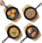 Navaris Set 4 mini tigai din fonta Navaris, 10.2 x 2.5 cm, suport din lemn, compatibile inductie/cuptor/gratar, rezistente la temperaturi ridicate, Negru (8260001000139)