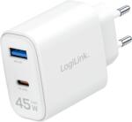 LogiLink Адаптер за двойно USB гнездо, 45 W, GaN, 1x USB-A, 1x USB-C, бял