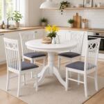 Malaezia Set masa living rotunda Montreal, lemn masiv, MDF, 90x73.8 cm si 4 scaune Rebecca, tapiterie stofa, 100 kg, 94x49x43.5 cm, alb gri (S4264, 4266x4)