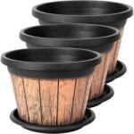 Belle Vous Set 3 ghivece pentru flori Belle Vous, 23 x 16 cm, design rustic tip butoi, 8.5 L, plastic, cu orificii de drenaj si tava, pentru interior/exterior, Maro/Negru (5061014881295)