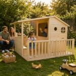 ATELIER 49 Casuta din lemn pentru copii TILIA, cu terasa acoperita si podea inclusa (ATE49-AT-MASSA) Casuta pentru copii