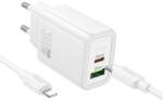 hoco. N63 Щадящо стенно зарядно устройство USB-A + USB-C, PD30W+QC3.0, USB-C - Lightning кабел, бяло