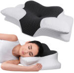 Linomag Perna Ortopedica Cervicala pentru dormit Linomag®, Spuma cu Memorie, Husa lavabila, Suport pentru gat, umeri si brate, Alb/Negru, 62 x 41 x 8-10 cm (pdna)