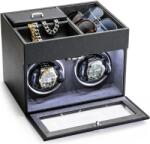 iUni Cutie intors ceasuri iUni, Watch Winder 2 + 3 Compartimente accesorii, Piele ecologica, Negru-Gri (558986)