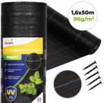 MultiGarden Talajtakaró geotextília, MultiGarden WEED90-M3, 1, 6 x 50 m, fekete, nem szőtt, 90 g/m2, tekercs, polipropilén, víz- és légáteresztő, kék vezetőcsíkokkal, 50 db rögzítő tüskével (15 cm) (TF5211)