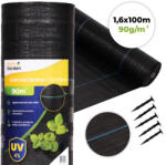 MultiGarden Talajtakaró geotextília, MultiGarden WEED90-L3, 1, 6 x 100 m, fekete, nem szőtt, 90 g/m2, tekercs, polipropilén, víz- és légáteresztő, kék vezetőcsíkokkal, 50 db rögzítő tüskével (15 cm) (TF5215)