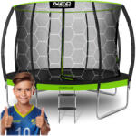 Neo-Sport Kerti trambulin, Neo-Sport, fekete/zöld, átmérő: 435 cm, kerek, magasság: 80 cm, 180 cm belső védőháló, létra, acél váz, 4 dupla láb, 150 kg teherbírás, 80 db rugó, íves fekete oszlopok (TENS-14C221)
