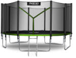 Neo-Sport Kerti trambulin, Neo-Sport, fekete/zöld, átmérő: 465 cm, kerek, magasság: 90 cm, 180 cm külső védőháló, létra, acél váz, 5 dupla láb, 150 kg teherbírás, 90 db rugó (TENS-15Z231)
