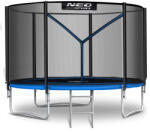 Neo-Sport Kerti trambulin, Neo-Sport, fekete/kék, átmérő: 312 cm, kerek, magasság: 65 cm, 180 cm külső védőháló, létra, acél váz, 3 dupla láb, 150 kg teherbírás, 54 db rugó, fekete oszlopok (TENS-10Z221)