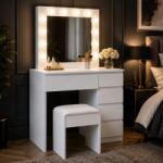 Brius Masa de toaleta si machiaj Hollywood Pro, alba, cu 5 sertare, oglinda si 12 LED-uri, taburet tapitat, 94x43x140 cm (ML-MRDT10-MW)