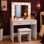 Brius Masa de toaleta si machiaj Hollywood, alba, cu 2 sertare, oglinda si 12 LED-uri, taburet tapitat, 80x40x140 cm (ML-CHDT03)
