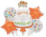Flippy Baloane pentru aniversare, Flippy, tematica Happy Birthday, set 5 baloane, 1 TORT 70 x 101 cm, 2 Stele, 2 Rotunde, din folie de aluminiu, pai de carton inclus, Portocaliu (129923)