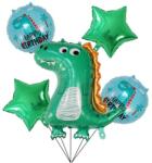 Flippy Set 5 Baloane folie de aluminiu, Flippy, Figurina Dinozaur, pentru aniversare HAPYY BIRTHDAY, Stelute Verzi si Baloane Albastre, 50 - 70 cm (129708)