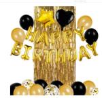 Flippy Set 24 de baloane folie si latex, 10 baloane latex simple, 10 bloane latex cu paiete, 4 baloane folie, ribon, 1x2 m perdea, Auriu/Negru (129716)