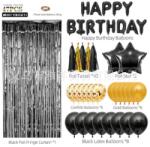Flippy Set 47 baloane, 10 ciucuri, 2 baloane stea folie, 6 baloane latex confetti, 6 baloane galbene latex, 8 baloane negre latex, 1 Perdea Praty Folie, Litere Happy Birthday, Auriu/Negru (129717)
