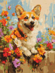 Ideyka Festés számok szerint - Corgi a virágok közt 30*40 cm