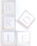 Flippy Set 5 Cutii pentru Baloane, Flippy, Model Scris Bride, Tematica Nunta, Cuburi Decorative din Plastic, Accesorii pentru Petrecere, 30 x30 cm, Transparente Contur Alb (130379)