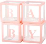 Flippy Set 4 Cutii pentru Baloane, Flippy, Model Scris Baby, Tematica Iubire, Cuburi Decorative din Plastic, Accesorii pentru Petrecere, 30 x30 cm, Transparente Contur Roz (130375)