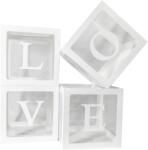 Flippy Set 4 Cutii pentru Baloane, Flippy, Model Scris Love, Tematica Iubire, Cuburi Decorative din Plastic, Accesorii pentru Petrecere, 30 x30 cm, Transparente Contur Alb (130376)