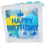 Flippy Cutie pentru Baloane, Flippy, Tematica Aniversare, Model Scris Happy Birthday, Baloane Albastre, Albe, Galbene si Panglica Incluse, Contur Alb, Transparenta, 30x30 cm (131303)