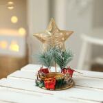 Flippy Suport Decorativ pentru Lumanare de Craciun, Flippy, Ornament pentru Lumanare pe Masa, Model Stea cu Clopotei si Crengute de Brad, din Art Metal, fara Lumanare 13 x 8.3 cm, Auriu (161862)