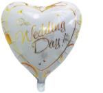 Flippy Balon din Folie Metalizata, Flippy, Figurina Inima, Model Our Wedding Day, Tema Nunta, 45 cm, Ambalaj Individual, Pai Inclus, Umflare cu Aer sau Heliu, Alb/Auriu (130993)